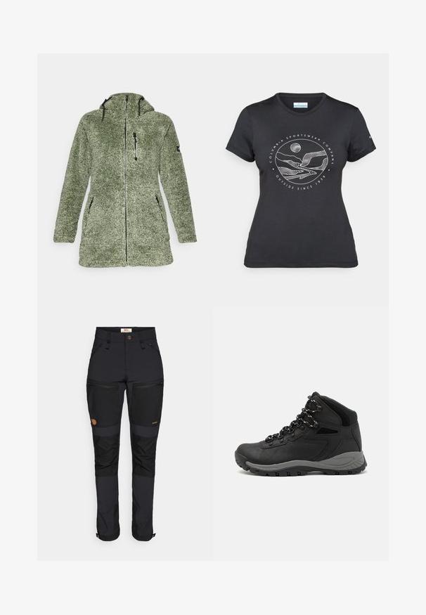 Icepeak CHELLES - Fleece jacket - green; Black Columbia t-shirt with white circular mountain and river line art and text "Columbia Sportswear Company Outside Since 1938."; Fjällräven KEB AGILE TROUSERS - Outdoor trousers - black; Black hiking boot with a mid-top design, featuring a textured upper, gray accents, and durable rubber sole with traction lugs.