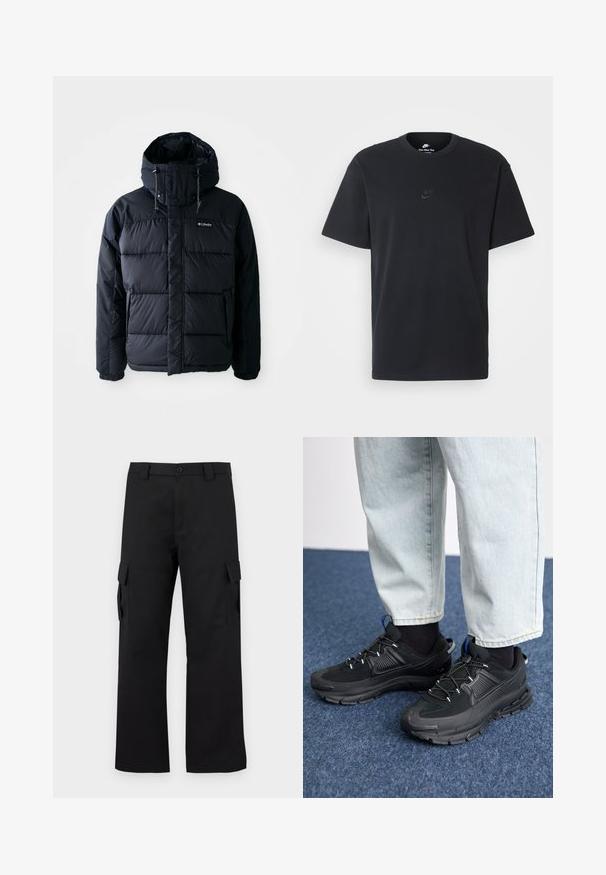 Černá nadýchaná bunda s kapucí, obsahující prošívané části, vysoký límec a kapsy na zip. Vyrobena z voděodolného materiálu.; Černé bavlněné tričko Nike s klasickým kulatým výstřihem, krátkými rukávy a decentně vyraženým logem na hrudi. Hladký povrch.; Černé cargo kalhoty s rovnou nohavicí. Vyrobené z odolného materiálu, obsahují dvě boční kapsy se zapínáním na klopu a knoflíkový zip.; Černé sportovní boty s texturovanou tkaninou a gumovou podrážkou, s elastickými tkaničkami a modrým akcentem na patě. Nosí se s světlými džíny.