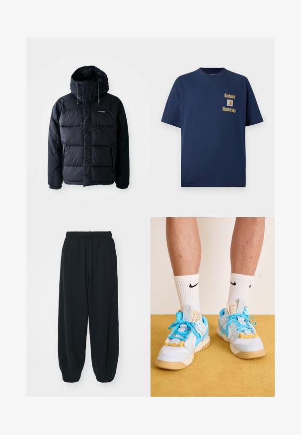 Chaqueta negra acolchada con capucha, que presenta secciones acolchadas, un alto cuello y bolsillos con cremallera. Fabricada con material resistente al agua.; Camiseta de algodón azul marino de manga corta, con texto dorado "Carhartt University" y un parche de logo en el lado izquierdo del pecho.; Pantalones de chándal negros con cintura elástica, de corte holgado, con puños en los tobillos, textura suave y sin patrones visibles ni acentos metálicos.; Zapatillas azul claro con suelas marrón, que presentan cordones turquesa prominentes y acentos amarillos. Materiales texturizados y amortiguación de aire visible.