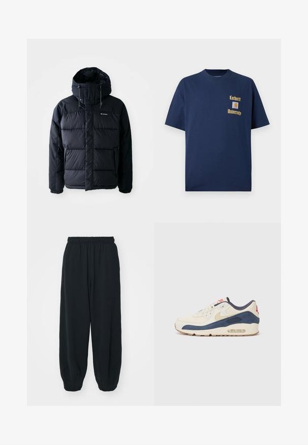 Svart, puffy jakke med hette, med quiltede seksjoner, høy krage og glidelåslommer. Laget av vannavstøtende materiale.; Mørk blå bomull t-skjorte med korte ermer, med gulltekst "Carhartt University" og et logo-patch på venstre bryst.; Sorte, joggebukser med elastisk liv, løs passform, mansjetter på ankler, glatt tekstur og uten synlige mønstre eller hardware-detaljer.; Sko med overdel i kremfarget lær og marineblå semsket skinn, med synlig luftsåle, beige gummisåle og rød detalj på hælen.