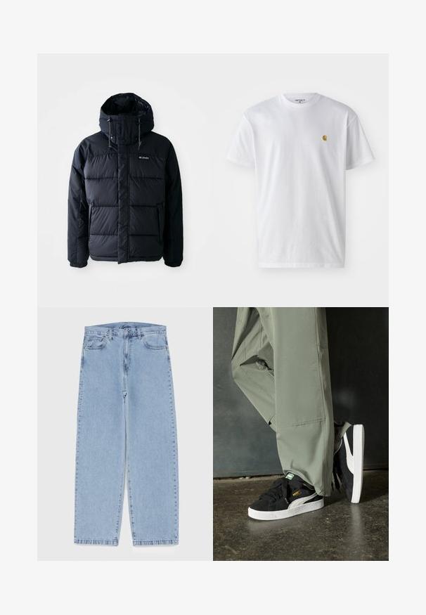 Black puffy jacket with a hood, featuring quilted sections, a high collar, and zipper pockets. Made of water-resistant material.; White cotton t-shirt with short sleeves, crew neck, featuring a small gold logo on the left chest area. Soft texture and regular fit.; Light blue denim jeans with straight leg design, featuring a mid-rise waist, five pockets, and a button and zipper closure.; Black suede sneakers with white rubber soles and side stripes, paired with light green cargo pants, standing on a textured dark surface.