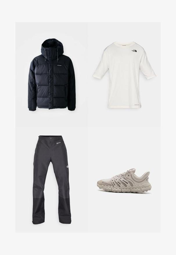 Crna pufasta jakna s kapuljačom, koja ima šivene dijelove, visoki okovratnik i džepove sa patentnim zatvaračem. Izrađena od vodootpornog materijala.; Bijela kratkotrajna majica s kratkim rukavima i okruglim izrezom, s logotipom The North Face na lijevoj strani prsiju i tekstom "Lightrange" blizu donjeg ruba.; Crne vodootporne hlače s glatkom teksturom, s GORE-TEX logotipom sprijeda i ojačanim donjim dijelovima nogavica za izdržljivost.; Svijetlosivi sportski tenisice s gornjim dijelom od mrežaste tkanine, valovitim dizajnom sa strane i debelim, teksturiranim đonom. Ima zasun i brendiranje sa strane.