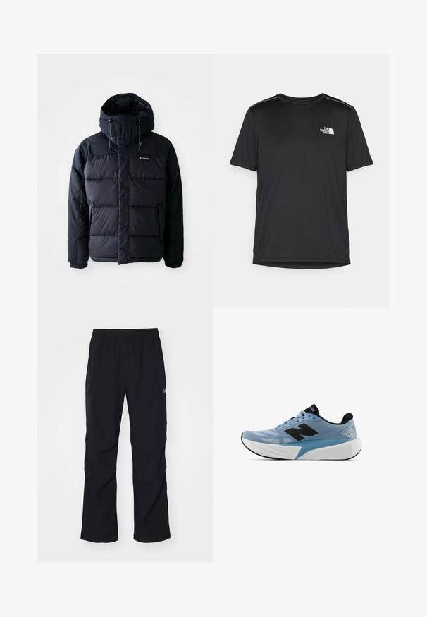 Svart puffy-jacka med huva, med quiltade sektioner, hög krage och dragkedjefickor. Tillverkad av vattentåligt material.; Svart kortärmad T-shirt i lättviktig tyg. Har en liten vit logotyp på vänster bröst och subtila axeltoner.; Svarta cargobyxor i lätt material, med elastisk midja, sidofickor och rak bendesign.; Ljusblå löparsko med svart logga, tjock vit sula och svart innersula, sedd från sidan mot en vit bakgrund.