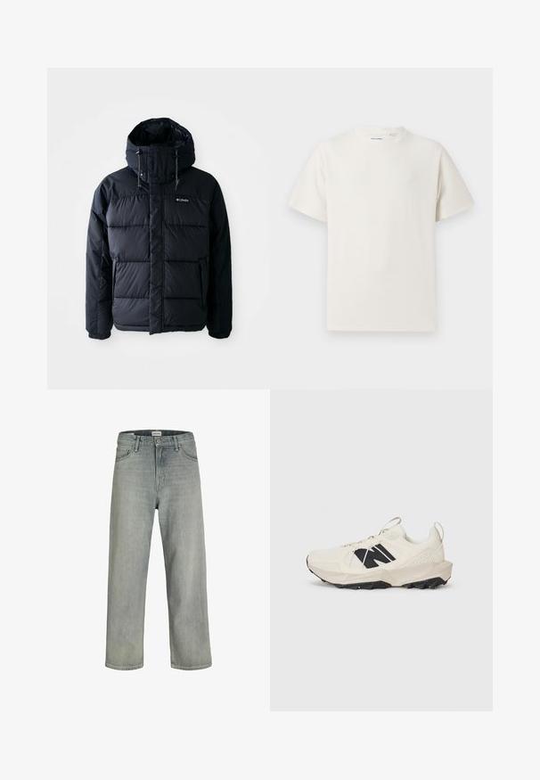 Fekete, puffos kabát kapucnival, steppelt részekkel, magas gallérral és cipzáras zsebekkel. Vízlepergető anyagból készült.; Fehér, rövid ujjú póló bordázott textúrával. Kerek nyakkivágás, laza szabás, nincs látható minta vagy díszítés. Egyszerű és sokoldalú dizájn.; Világosszürke, laza szabású farmernadrág. Klasszikus öt zsebes dizájn, övhurkok és egyenes szárú fazon jellemzi.; Világos bézs sportcipő, hálós felsőrésszel, fekete logóval és texturált talppal. A középtalpon geometrikus mintázat díszíti.