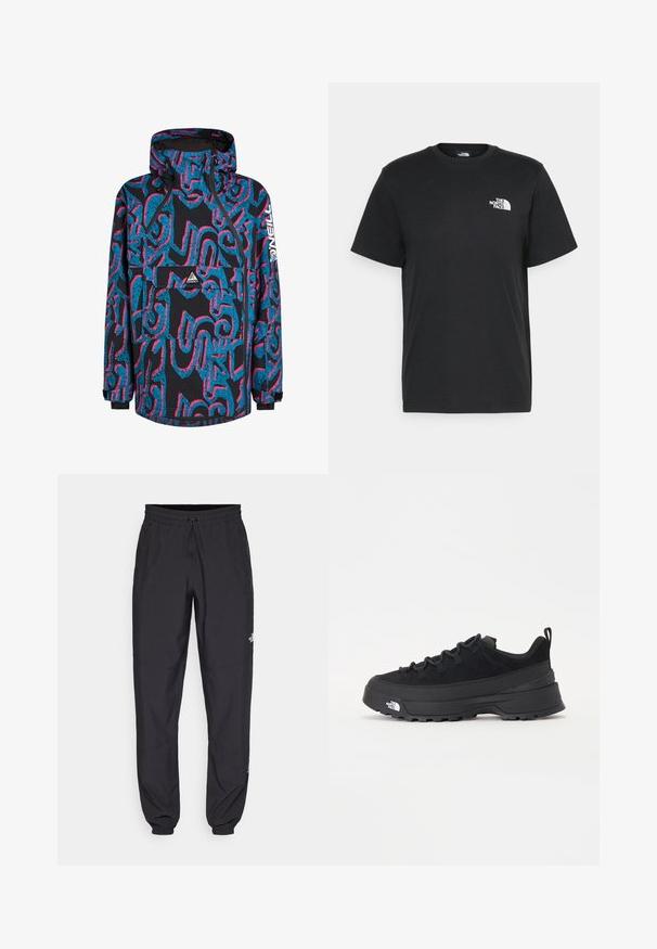 Fekete dzseki élénk kék és rózsaszín absztrakt mintákkal, kapucnival, cipzáras záródással és elülső zsebbel. Vízálló anyagból készült.; Fekete pamut póló, rövid ujjú, kerek nyakkivágással és egy kis fehér logóval a bal mellrészen. Egyszerű dizájn, sima textúra és laza fazon.; Fekete sportnadrág, könnyű anyagból készült, húzózsinóros derékkal, oldalsó zsebekkel és szűkített szárakkal a bokáknál.; Fekete kültéri sneaker velúr felsőrésszel, texturált gumitalppal és strapabíró fűzőrendszerrel. Megerősített sarkú és oldalán márkalogóval rendelkezik.