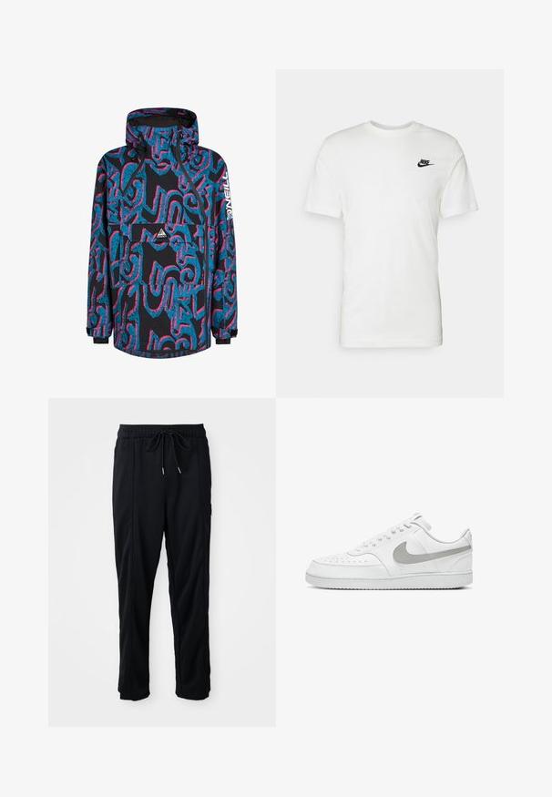 Giacca nera con vivaci motivi astratti blu e rosa, cappuccio, chiusura con zip e tasca frontale. Realizzata in un materiale impermeabile.; Maglietta bianca in cotone con maniche corte, scollo rotondo e logo Nike nero sulla parte sinistra del petto. Tessuto liscio e vestibilità classica.; Pantaloni casual neri con elastico in vita, tasche laterali e taglio dritto su uno sfondo uniforme.; Nike Sportswear COURT VISION NEXT NATURE - Sneakers basse - weiss grau