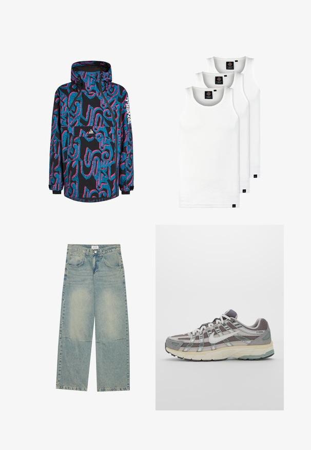 Juodas džemperis, dekoruotas ryškiomis mėlynomis ir rožinėmis abstrakčiomis purus, su sutraukiamu gaubtu, užtrauktuku ir priekiniais kišenėmis. Pagamintas iš vandeniui atsparios medžiagos.; Trys balti, dryžuoti marškiniai be rankovių, pagaminti iš medvilnės. Yra apvalus kaklas ir maži juodi etiketės netoli siūlės. Siūlomi įvairių dydžių.; Šviesiai mėlynos platėjančios džinsinės kelnės, pagamintos iš džinsinio audinio, su dviem priekinių kišenių, sagtimi ir išblukusia skalbimo technologija, kurioje matyti siuvimo siūlės.; Pilkas sportinis batas su tinklu ir zomšos viršutine dalimi, baltomis detalėmis, paminkštintu padu ir išskirtiniu dizainu su atspindinčiais elementais.