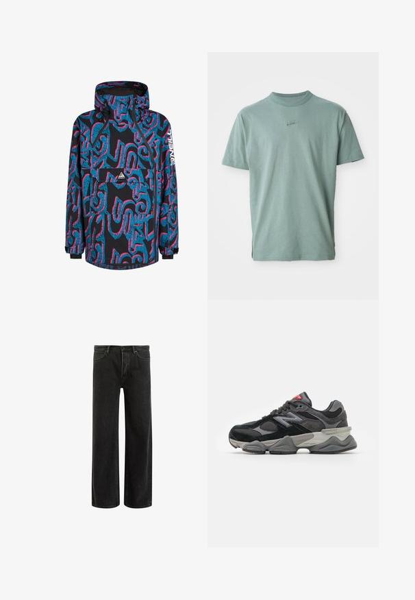 Zwarte jas met levendige blauwe en roze abstracte patronen, een capuchon, ritssluiting en een voorzak. Gemaakt van waterdicht materiaal.; Groene katoenen t-shirt met korte mouwen, geribbelde ronde hals en geborduurd Nike-logo op de borst. Soepele textuur en een ontspannen pasvorm.; Zwarte denims met wijde benen en een hoge taille, met een klassiek vijf zakken ontwerp en subtiele vervaging voor een textuur uitstraling.; Zwarte en grijze sneaker met een mix van suede en mesh materialen, dikke zool, opvallend logo en een rode accent op de tong.