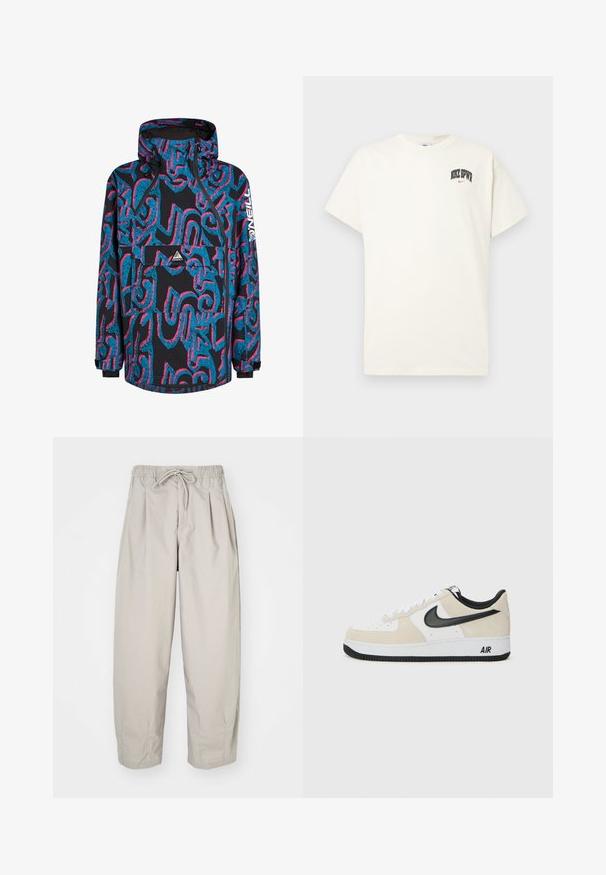 Zwarte jas met levendige blauwe en roze abstracte patronen, een capuchon, ritssluiting en een voorzak. Gemaakt van waterdicht materiaal.; Crème-kleurige katoenen T-shirt met korte mouwen, voorzien van "NIKE SB" in zwarte en rode tekst op de borst. Standaard ronde halslijn.; Beige, lichte broek met een elastische tailleband en trekkoord. Beschikt over plooien en een losse pasvorm, gemaakt van een zachte, gladde stof.; Sneakers met een lichtbeige suède en witte leren bovenkant, zwarte Nike swoosh, zwarte accenten en een witte rubberen zool met "AIR" branding.