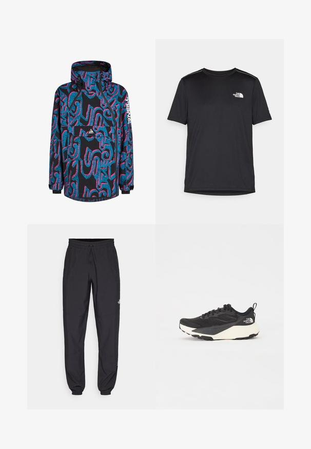 Black jacket featuring vibrant blue and pink abstract patterns, a hood, zip closure, and a front pocket. Made from a waterproof material.; Black short-sleeve T-shirt made from lightweight fabric. Features a small white logo on the left chest and subtle shoulder accents.; Black athletic pants made from lightweight fabric, featuring a drawstring waistband, side pockets, and tapered cuffs at the ankles.; Black athletic shoe with textured mesh upper, solid black accents, and white lightweight outsole. Features lace-up closure and pull tab.