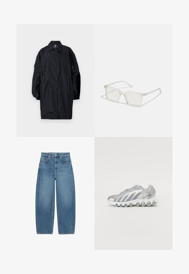 Dolga črna oversized plašč s širokimi rokavi, sprednjimi žepi na zadrgo, ovratnikom in oznako brez živalskih izdelkov znotraj vratu.; HUGO GIFT GIVING 2 PACK - Top - blue/black; Modri visok pas širokokužne kavbojke s sprednjimi žepi in gumbom, prikazane na belem ozadju.; Srebrna in siva športna čevlja z mrežasto zgornjico, ukrivljenim dizajnom in edinstvenim okroglim podplatom, ki vsebuje prozorne blazine.; Prozorne kvadratne plastične očala s prozornimi lečami, ki imajo zlato dekoracijo na ročajih za dodaten pridih podrobnosti.; Modra prešita denim torba za ramo z zlatim verigo in izrazitim zlatim logotipom na sprednji strani. Kompaktna pravokotna oblika.