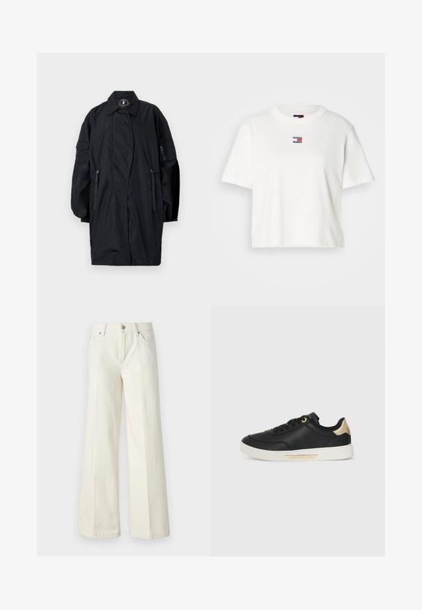 Long black oversized coat with wide sleeves, front zipper pockets, a collar, and an animal-free label inside the neck.; White cotton t-shirt with a crew neckline and short sleeves. Features a small color logo patch with red, blue, and white accents on the chest.; Wide-leg white jeans made from cotton blend fabric. Features a zipper fly, five-pocket design, and stitching along the seams.; Black leather sneaker with a smooth texture, white rubber sole, gold accents on the heel and eyelets, featuring a logo on the side.