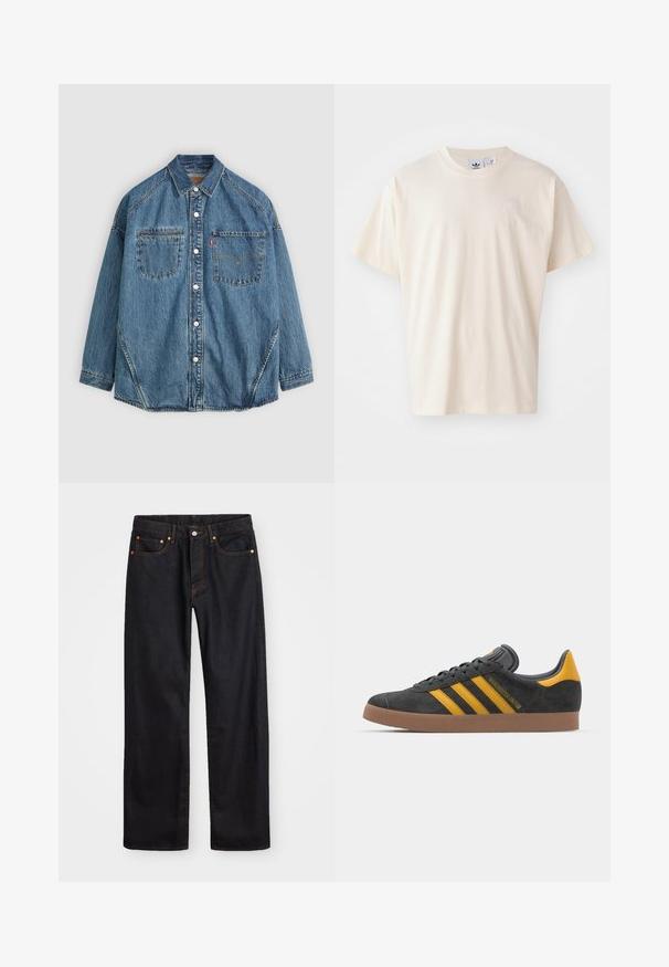 Denim srajca s gumbi v svetlo modri barvi, z dvema žepoma na prsih, belimi gumbi in kontrastnim šivanjem ob šivih za dodaten poudarek.; Kremasta bombažna majica s krožnim izrezom in kratkimi rokavi; vsebuje majhen, svetleč logotip na prsih.; Moške črne kavbojke ravnega kroja z petimi žepi in oranžnim šivanjem, z gumbom in zadrgo na sprednjem pasu.; Črne semiš tene z rumenimi akcenti, ki vsebujejo tri trakove in rjavo gumo podplat. Vključujejo oblazinjeno jezik za udobje.