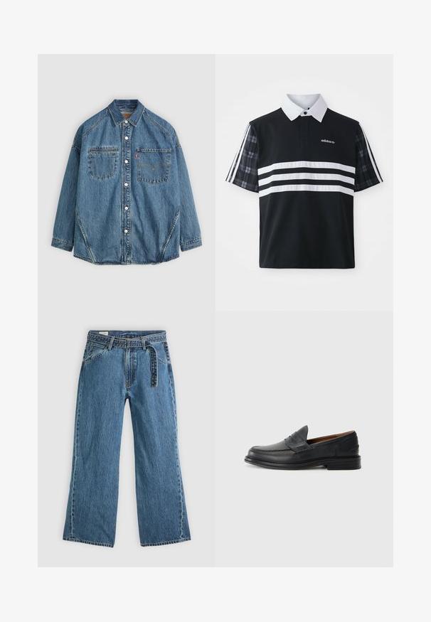 Denim pogalvju krekls ar gaiši zilu audumu, divām krūšu kabatām, baltām pogām un kontrastējošām šuvēm papildu detaļām.; Melna polo krekls ar baltiem svītrojumiem un logo; aprīkots ar īsām šūnveida piedurknēm un baltu apkakli ar pogu slēgšanu.; Zilas džinsa platās kājas bikses ar pievienotu jostu, priekšējām kabatām un redzamiem šuvumiem uz vienkārša gaiša fona.; Melnas ādas loafers ar izšūtu dizainu, noapaļota purngala, zemu sakrautu papēdi un viegli uzvelkamu stilu. Gluda tekstūra ar nelielu spīdumu.