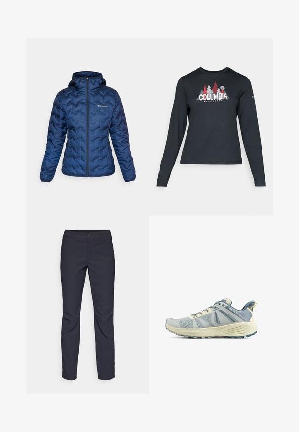 Columbia DELTA RIDGE™ HOODED JACKET - Down jacket - collegiate navy; Long-sleeve dark gray shirt with a graphic of red trees and mountains; "COLUMBIA" logo in bold white text. Soft fabric, standard crew neck.; Navy blue pants made of smooth fabric, featuring a front button closure, slim-fit design, and creased detailing at the knees.; Lightweight, grey running shoe with a breathable mesh upper, textured accents, prominent brand logo, and a rugged, patterned outsole.