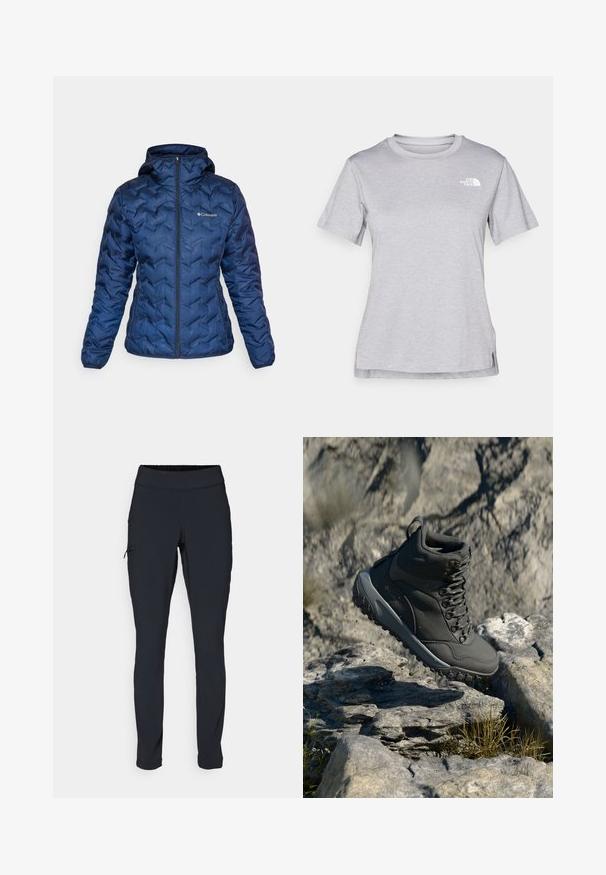 Columbia DELTA RIDGE™ HOODED JACKET - Jachetă cu puf - collegiate navy; Tricou scurt cu mânecă gri, fabricat dintr-un material moale, care absoarbe umezeala. Are un guler rotund și un mic logo alb în partea stângă sus.; Pantaloni atletici negri cu o croială ajustată, talie elastică și un buzunar lateral cu fermoar. Material neted și elastic cu cusături minime.; Gheata de drumeție de culoare gri închis, realizată din material sintetic, având un guler căptușit, ochiuri metalice și o talpă din cauciuc texturat pentru aderență.