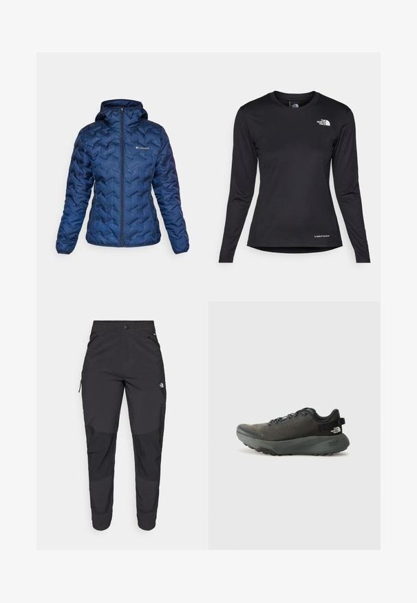 Columbia DELTA RIDGE™ HOODED JACKET - Pūkinė striukė - collegiate navy; The North Face SHADOW LONG SLEEVE - Ilgarankovis viršutinės dalies drabužis - black; Juodos lauko kelnės, pagamintos iš patvarios medžiagos. Turi užtraukiamas kišenes, sustiprintus kelio plotus ir tiesią konstrukciją, leidžiančią laisvai judėti.; Tamsiai pilkas sportinis batas su tekstūruotu audiniu, plokščiomis raištelėmis, sustiprintu nykščiu ir storu, tvirtu padu, užtikrinančiu sukibimą. 300 reljefiniu užrašu ant kulno.