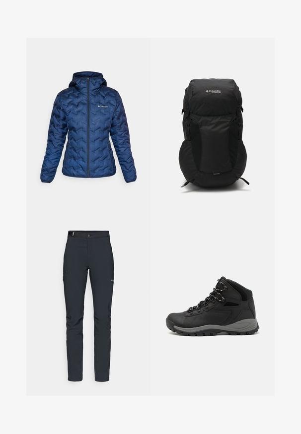 Columbia DELTA RIDGE™ HOODED JACKET - Jakna ispunjena paperjem - collegiate navy; Crna Columbia majica s bijelim kružnim crtežom planine i rijeke te natpisom "Columbia Sportswear Company Outside Since 1938."; Muške outdoor hlače, tamno sive boje, izrađene od fleksibilnog materijala, s remenom, džepovima na patentni zatvarač i ojačanim šavovima.; Crne planinarske čizme s dizajnom srednjeg vrha, sa teksturiranim gornjim dijelom, sivim akcentima i izdržljivom gumom potplatom s uzorkom za prianjanje.; Crna torba za leđa s zaobljenim vrhom, izrađena od izdržljive tkanine. Ima bočne mrežaste džepove i oznaku s kišnom navlakom na dnu.