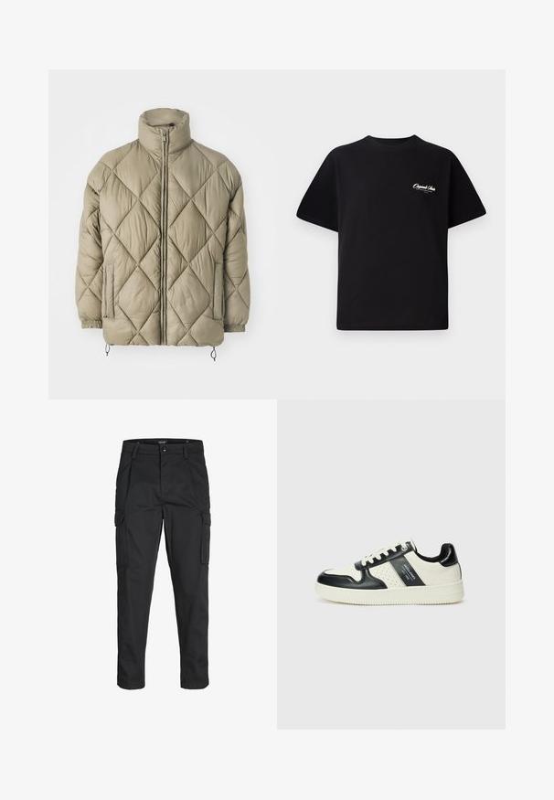Pehmea jope heledas oliivrohelises toonis, millel on kõrge krae, diagonaalne rombikviltimine, kaks külge taskut ja elastsed mansetid, millel on nöörid.; Must mustrüst t-särk, millel on ümar kaelus, lühikesed varrukad ja väike valge logo tekst vasakul rinnal. Lihtne disain, klassikaline sobivus.; Mustad mustapõlvik, mis on valmistatud tugeva koe kasutades, sisaldab mitmeid taskuid, nupule kinnitatav sulgemine ja kitsenev disain.; Nahatud nahkkingad musta ja kreemi värviskeemiga, millel on perforeeritud aktsendid, pehme krae ja tekstureeritud tallad.