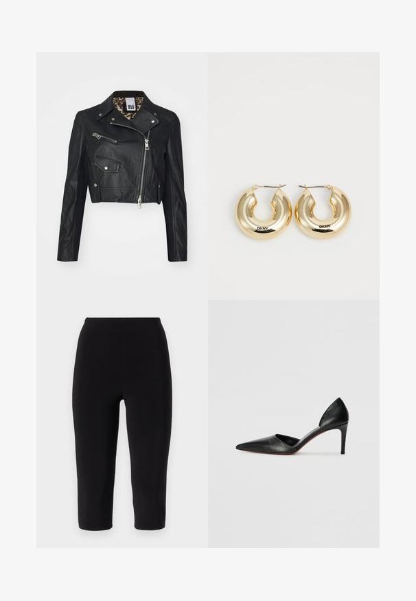 Czarna skórzana kurtka typu cropped z zamkiem z przodu, dwiema kieszeniami na zamek oraz podszewką w nadruk panterki. Posiada klasyczny design motocyklowy.; Biała satynowa kamizelka na ramiączkach z regulowanymi strapsami, usztywnionym, falistym biustem i prostym dołem. Gładka tekstura i minimalistyczny design.; Czarne legginsy kapri wykonane z elastycznego materiału, z wysokim stanem i dopasowanym krojem, bez widocznych szwów czy wzorów.; Czarne skórzane szpilki na wysokim obcasie z wydłużonym noskiem, otwartymi bokami i smukłą sylwetką. Charakteryzują się cienkim obcasem i czerwonymi akcentami na podeszwie.; Złote kolczyki w kształcie obręczy o gładkim, zaokrąglonym designie i błyszczącym wykończeniu, z zapięciem do zamykania. Grawerowane z napisem "DKNY."