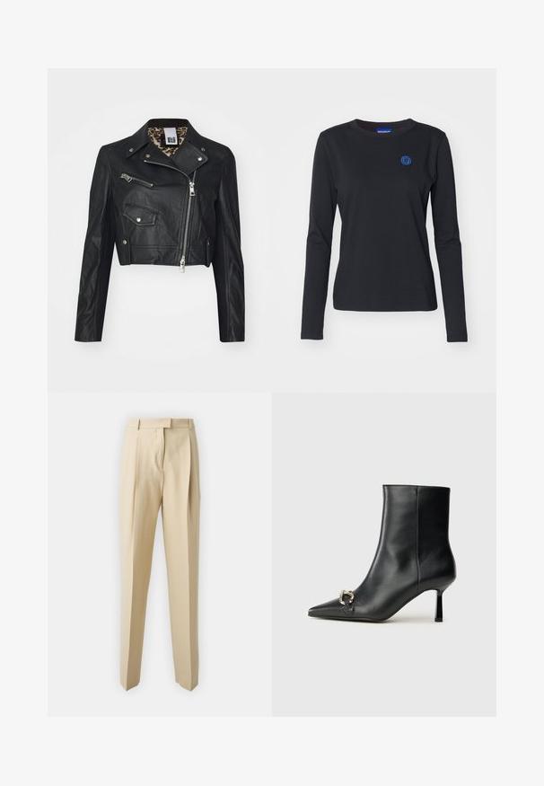 Mustan lyhyen nahkatakin edessä on vetoketju, kaksi vetoketjullista taskua ja leopardi-printtinen vuori. Takki on varustettu klassisella moottoripyörätyylillä.; Musta pitkähihainen t-paita, joka on valmistettu puuvillasta, ja jossa on vasemmassa rinnassa sininen hymyilevä kasvologot ja pyöreä pääntie.; Beige muotoleggingsit, joissa on suora leikkaus, pleatit, vyötärö ja sileä pinta. Ei näkyviä taskuja tai koristeluita.; Musta nahkasaapas nilkkapituisilla, terävillä kärjillä, hoikalla keskipituisella korolla ja hopeavöillä sivussa yksinkertaista taustaa vasten.