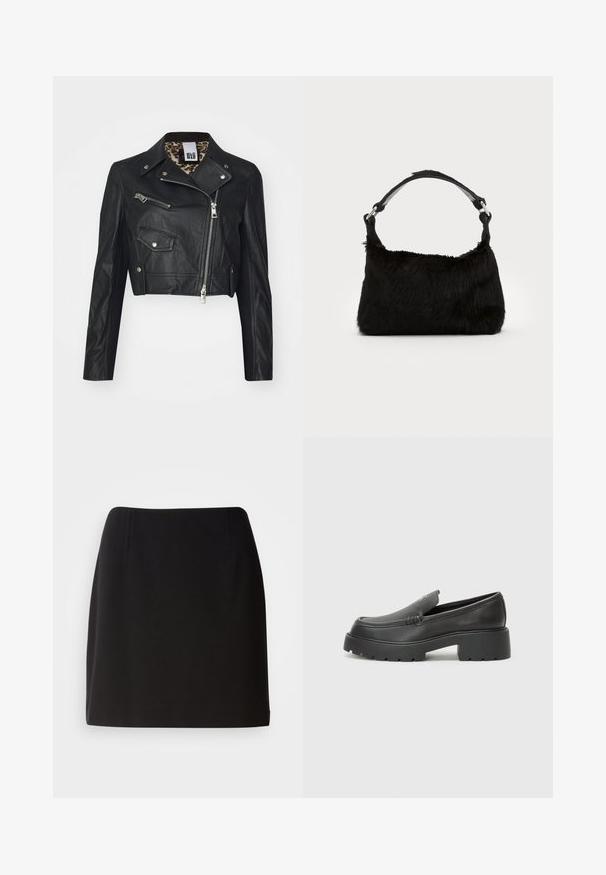 Zwarte leren cropped jas met ritssluiting aan de voorkant, twee ritszakken en een voering met luipaardprint. Heeft een klassiek motorjackontwerp.; Zwarte geribbelde camisole met dunne bandjes met het Calvin Klein-logo. Eenvoudig, aansluitend ontwerp met een gladde textuur en geen extra patronen.; Lichtblauw overhemdd met verticale witte strepen, lange mouwen, puntige kraag en knoopmanchetten. Gemaakt van katoen met een gladde textuur.; Zwarte rok met een getailleerde silhouette, gemaakt van een gladde stof. Voorzien van subtiele plooien aan de voorkant en een ontwerp tot halverwege de dijen.; Zwarte leren instappers met een ronde neus, dikke getextureerde zool en minimale stikseldetails. Strak ontwerp zonder zichtbare veters of hardware.; Zwarte neplederen handtas met een zachte textuur, ronde vorm en een stevige zwartleren schouderband. Zilveren hardwareaccenten zichtbaar.