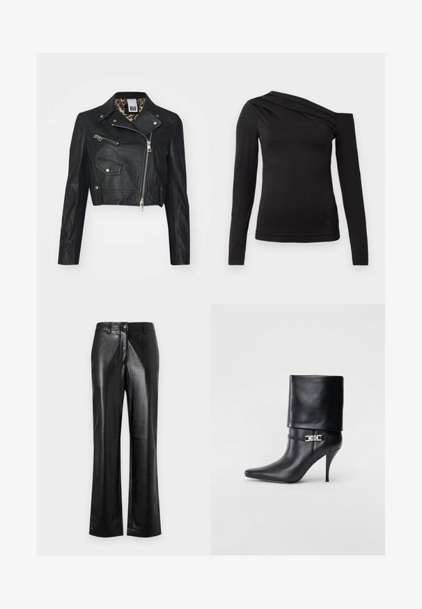 Melna īsā ādas jaka ar rāvējslēdzēja priekšpusi, divām kabatām ar rāvējslēdzējiem un leoparda raksta oderi. Tam ir klasiskā motociklu dizaina iezīmes.; Melnas garām piedurknēm blūze ar asimetrisku kakla izgriezumu, kur viens plecs ir atklāts un maigā drapējuma akcenti krūšu daļā.; Melnas ādas bikses ar taisnu kāju dizainu, ar priekšējo pogu aizdari, jostas cilpiņām un gludu, spīdīgu tekstūru.; Melnas ādas potīšu zābaki ar smailu purngalu, augstu stiletto papēdi, salocītu aproci un zeltītu dekoratīvu sprādzi uz potītes.