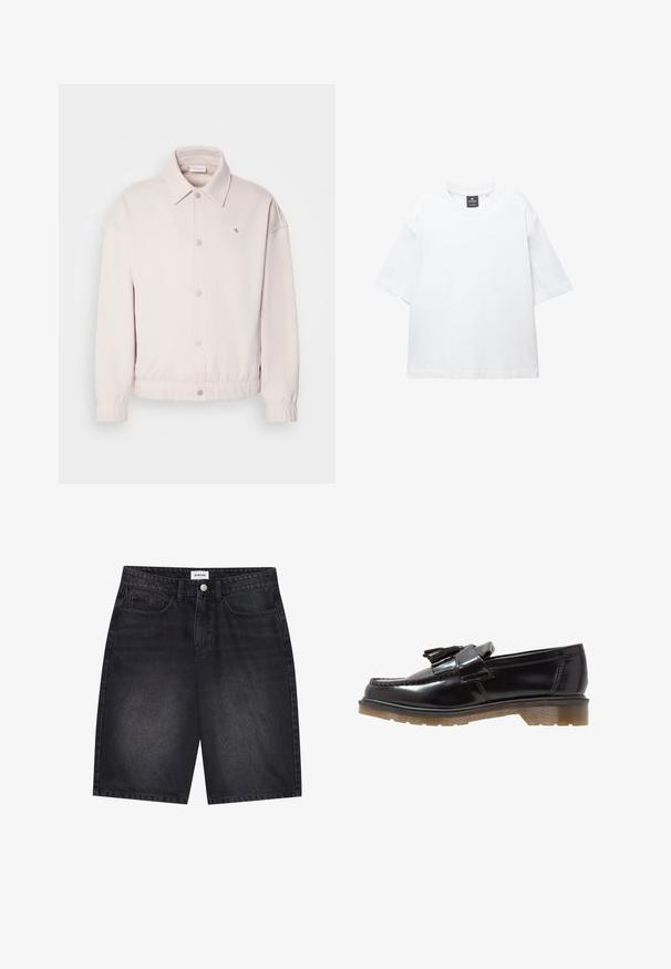 Svetle béžová bunda z měkké látky, s límečkem, cvoky, elastickými manžetami a malou nášivkou s logem na levé hrudi.; Bílý krátký rukáv tričko vyrobené z bavlny, s kulatým výstřihem a volným střihem se rovním lemem. Bez vzorů nebo zdobení.; Černé džínové šortky s klasickým designem. Obsahují pět kapes, zapínání na přední knoflík a detaily šití. Hladká textura a rovný střih.; Černé lakované kožené mokasíny s pleteným vzorem, ozdobou s třásněmi a robustní, texturovanou gumovou podrážkou. Boční pohled ukazuje elegantní siluetu.