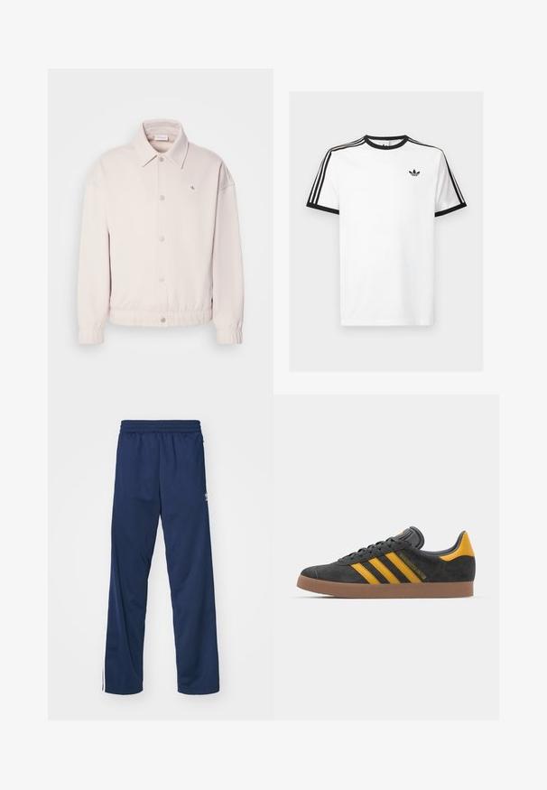 Svetle béžová bunda z měkké látky, s límečkem, cvoky, elastickými manžetami a malou nášivkou s logem na levé hrudi.; Bílý bavlněný tričko s černým žebrovaným výstřihem a rukávy, s třemi černými pruhy na každém rameni a malým logem na hrudi.; Námořnické modré sportovní kalhoty s elastickým pasem, se bílými bočními pruhy a logem na levém stehně.; Černé semišové tenisky se žlutými akcenty, vybavené třemi pruhy a hnědou gumovou podrážkou. Obsahují polstrovaný jazyk pro pohodlí.