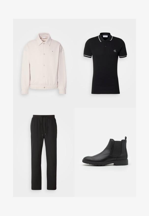 Svetlo bež plašč izdelan iz mehkega materiala, z ovratnikom, pritisnimi gumbi, elastičnimi manšetami in majhno oznako na levem prsnem delu.; Črna polo majica iz bombaža z blagim elastičnim učinkom, belim ovratnikom in obrobami rokavov ter majhnim logotipom na prsih.; Črne trenirke iz lahkega materiala, z elastičnim pasom in nastavljivimi vrvicami ter stranskimi žepi. Gladka tekstura.; Črne usnjene čevlje Chelsea z elastičnimi stranskimi paneli in zanko, z zaobljenim nosom in teksturiranim gumijastim podplatom.