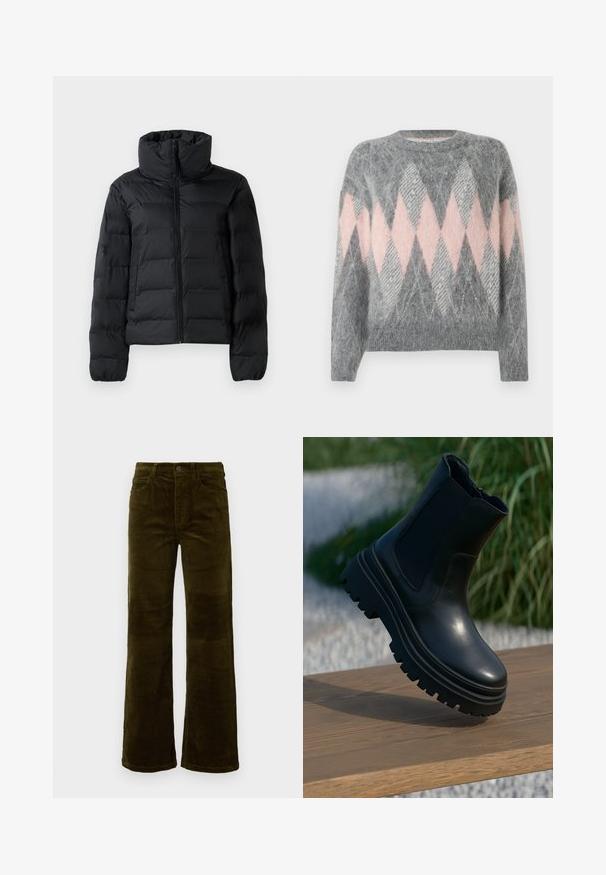 Zwarte gewatteerde jas met een hoge kraag, volledige rits aan de voorkant, gestikt ontwerp en elastische boorden. Gladde textuur, lichtgewicht materiaal.; Grijs wollen truitje met een roze en lichtgrijze ruitpatroon. Rond decolleté en geribbelde onderrand. Zachte textuur, lange mouwen.; Twee lange mouwen turtleneck tops, één wit en één zwart, gemaakt van een gladde, rekbare stof, beide met een slank passend ontwerp en hoge kraag.; Corduroy flared broeken in diep olijfgroen. Voorzien van vijf zakken, een knoopsluiting en een verticale ribbeltextuur. Standaard pasvorm met een klassiek ontwerp.; Zwarte leren enkelboot met een chunky zool, elastische zijkanten en een gladde afwerking. Verhoogd ontwerp met contrasterende profieldetails.