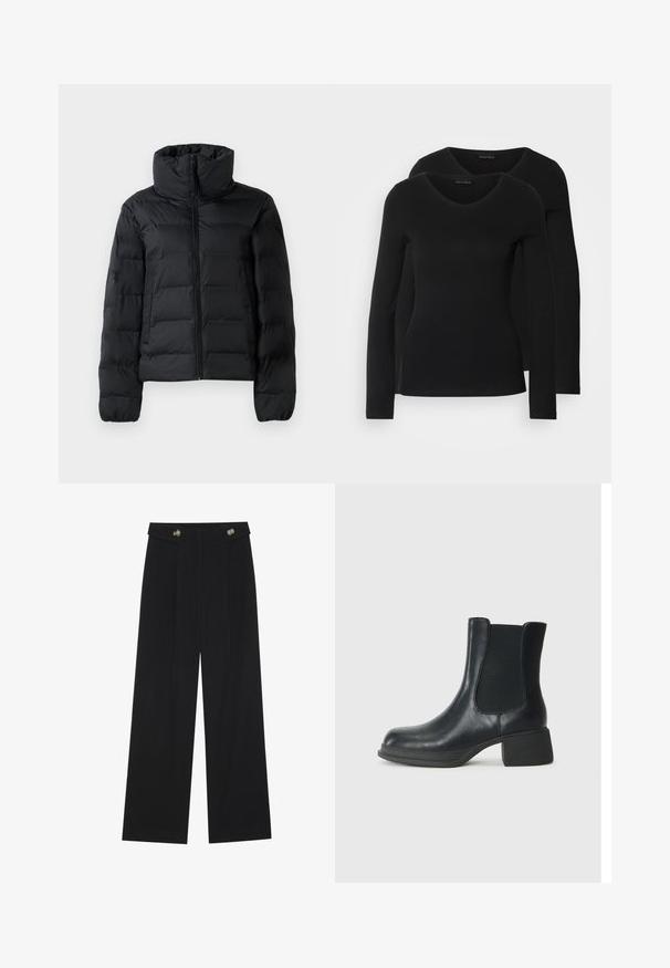 Veste matelassée noire avec un col haut, fermeture éclair sur toute la longueur, design matelassé et poignets élastiques. Texture lisse, matériau léger.; Deux chemises noires à manches longues avec un design en V, fabriquées en tissu doux et extensible, présentant une texture lisse et une silhouette ajustée.; Pantalons larges noirs à taille haute, avec des détails de boutons à la taille et des plis sur le devant.; Bottine en cuir noir avec panneaux latéraux élastiques, bout rond et petit talon en bloc. La surface a une texture lisse et un minimalisme dans les détails.