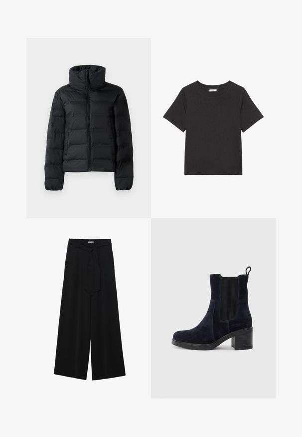 Chaqueta negra acolchada con cuello alto, cremallera frontal completa, diseño acolchado y puños elásticos. Textura suave, material ligero.; Camiseta negra hecha de una tela suave, con cuello redondo y mangas cortas. El diseño es simple, sin patrones ni acentos visibles.; Pantalones de pierna ancha negros con un tejido texturizado, una cinturilla elástica y un lazo desmontable en la cintura para un ajuste ajustable.; Botín de ante azul marino con panel lateral elástico, puntera redondeada y tacón de bloque. La tela texturizada y la suela lisa añaden contraste.