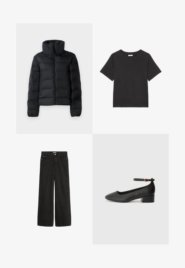 Juodas paminkštintas švarkas su aukštu apykakle, užtrauktuku priekyje, siuvinėta dizaino struktūra ir elastingomis rankogaliais. Lygi tekstūra, lengvas medžiagos svoris.; Juodas tinkamas marškinėliai, pagaminti iš minkštos medžiagos, su apykakle ir trumpomis rankovėmis. Dizainas paprastas, be matomų raštų ar akcentų.; Platus juodas džinsinis kelnes su aukštu juosmeniu. Yra penkios kišenės, metalinės detalės ir švarus apdaila. Paviršius yra lygus ir švelnus.; Juodas odinis aukštakulnis batelis su smailiu pirštu ir žemu bloku. Su kulkšnies dirželiu su auksinės spalvos sagtimi. Lygus paviršius.