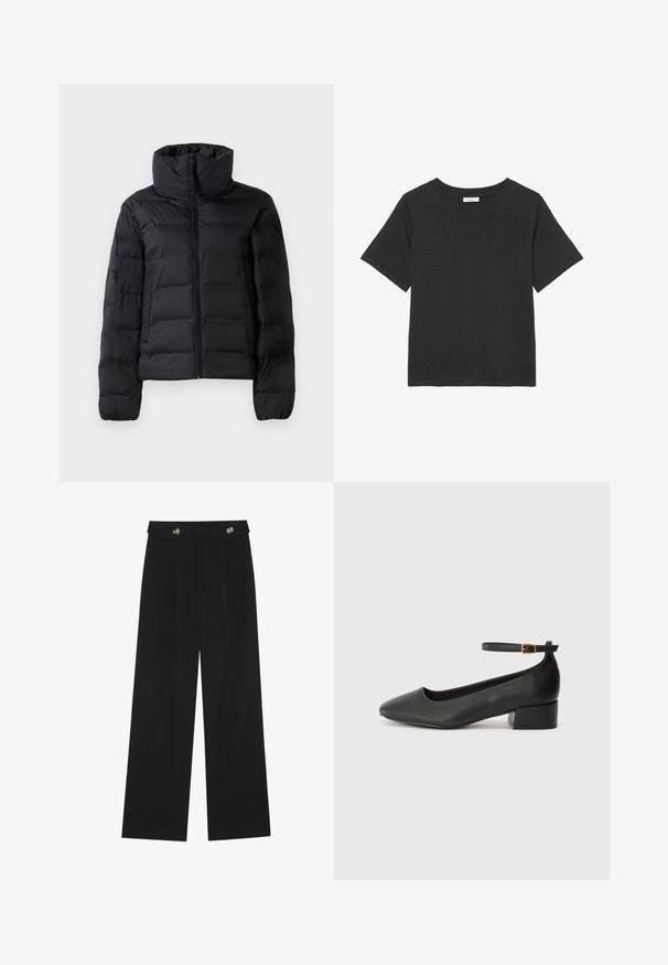 Musthave paks mõtledaga kõrge krae, täispikk tõmblukk, tikitud disain ja elastsed mansetid. Sile tekstuur, kerge materjal.; Musta T-särk, mis on valmistatud pehmest kangast, ümarate kaeluste ja lühikeste varrukatega. Disain on lihtne, ilma nähtavate mustrite või aktsentideta.; Mustad laiad püksid kõrge vöökoha ja nööpdetailidega vööandil, esikortsudega.; Must mustaapp, millel on terav nina ja madal blokk-kand. Omab pahkluu rihma koos kuldse tooni pandlaga. Sile tekstuur.