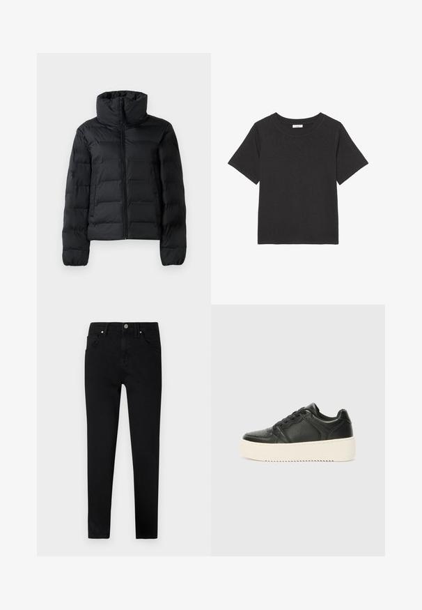 Sort polstret jakke med høj krave, hel frontlynlås, quiltet design og elastiske manchetter. Glat tekstur, letvægtsmateriale.; Sort t-shirt lavet af blødt stof, med en rund halsudskæring og korte ærmer. Designet er simpelt uden synlige mønstre eller detaljer.; Sorte denim jeans med slim fit, der har frontknaplukning, bæltestropper og klassisk fem-lomme design. Glat tekstur.; Sorte lædersneakers med en glat tekstur, tykk cremede sål, rund tå og klassisk snøredesign. Subtile syninger.