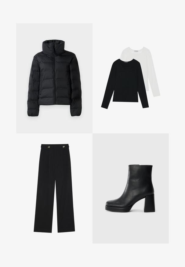 Crna podstavljena jakna s visokim ovratnikom, punim prednjim patentnim zatvaračem, quiltnim dizajnom i elastičnim rukavima. Glatka tekstura, lagani materijal.; Dva dugo rukava, jedan crni i jedan bijeli, oba s kvadratnim izrezom i izrađeni od mekane, rastezljive tkanine.; Crne hlače širokih nogavica s visokim strukom, s dugmadi na pojasu i prednjim nabora.; Crna kožna čizma do gležnja s blok petom i platformom, prikazana s bočne strane na jednostavnoj bijeloj pozadini.