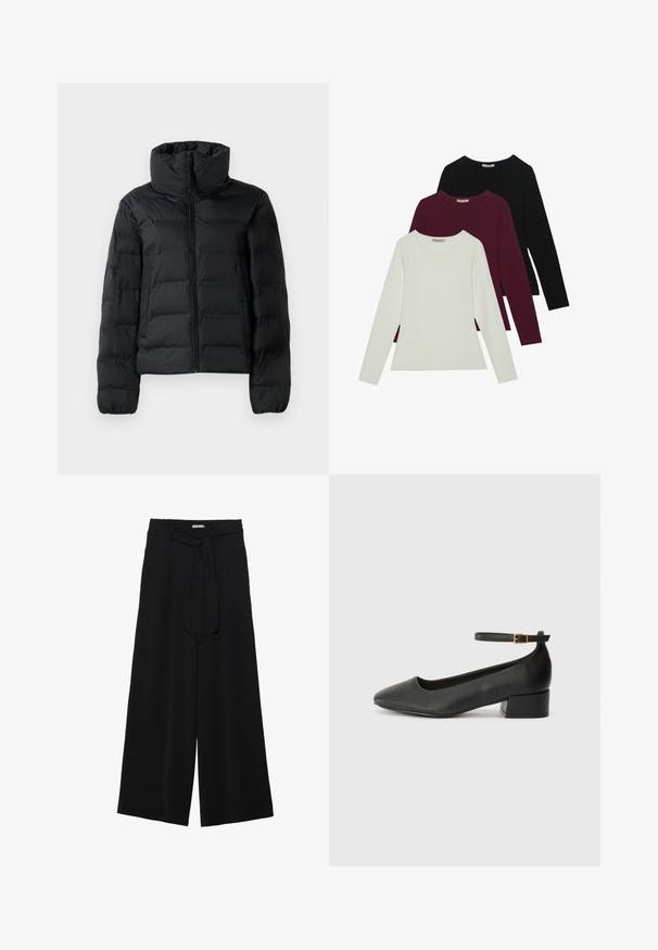 Giacca imbottita nera con colletto alto, zip frontale completa, design a righe e polsini elastici. Tessuto liscio, materiale leggero.; T-shirt a maniche lunghe in bianco, bordeaux e nero. Realizzate in tessuto morbido con scollatura rotonda e design aderente. Adatte per essere indossate a strati.; Pantaloni neri a gamba larga caratterizzati da un tessuto testurizzato, una vita elastica e una cintura staccabile per una vestibilità regolabile.; Pump in pelle nera con punta affusolata e tacco basso a blocco. Presenta una cinghia alla caviglia con una fibbia in tonalità oro. Texture liscia.