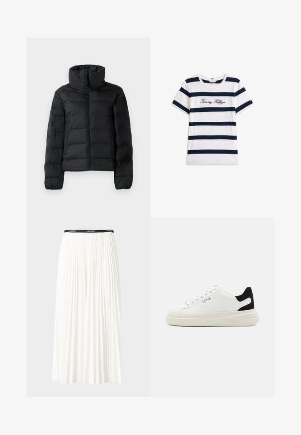 Schwarze gepolsterte Jacke mit hohem Kragen, durchgehendem Reißverschluss, gesteppter Optik und elastischen Bündchen. Glatte Textur, leichtes Material.; Baumwoll-T-Shirt mit horizontalen navy-blauen Streifen auf weißem Hintergrund. "Tommy Hilfiger" in Kursivschrift auf der Brust gestickt. Runder Halsausschnitt.; Faltenrock aus Weiß mit einem schwarzen elastischen Bund, der das "LACOSTE"-Logo trägt. Mittellanges Design mit weicher Textur.; Weiße Leder-Sneaker mit einer dicken weißen Sohle, schwarzem Wildlederakzent an der Ferse und geprägtem Logo an der Seite. Schnürdesign mit sechs Ösen.