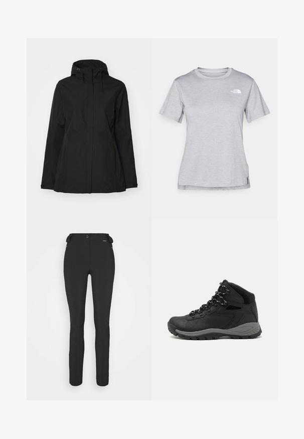 Čierna vodotesná bunda so zipsom vpredu, nastaviteľnou kapucňou a bočnými vreckami. Disponuje elegantnou, hladkou textúrou a minimalistickým dizajnom.; Sivý tričko s krátkym rukávom vyrobené z jemného, vlhkosť odvádzajúceho materiálu. Obsahuje okrúhly výstrih a malé biele logo na hornej ľavej strane.; Čierne, priliehavé nohavice vyrobené z flexibilného materiálu. Medzi vlastnosti patrí zipsová bočná vrecko, tvarované kolená a hladký povrch.; Čierna turistická obuv s polovičným strihom, s textúrovaným zvrškom, šedými akcentmi a odolnou gumovou podrážkou s protišmykovými hrebienkami.
