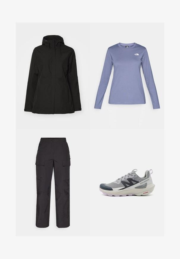 Melnā ūdensnecaurlaidīgā jaka ar aizdari priekšā, regulējamu kapuci un sānu kabatām. Izceļas ar elegantu, gludu tekstūru un minimālistisku dizainu.; Gari ilga piedurkne krekls gaiši purpura audumā, ar apaļu kaklu un The North Face logo baltā krāsā kreisajā krūšu daļā. Gluda tekstūra, ikdienas piegriezums.; Melni kravas bikses, izgatavotas no izturīga auduma, ar vairākiem sānu kabatām, pogu aizdari un brīvu piegriezumu ar taisnām kājām.; Salomon skriešanas apavi pelēkā un jūras zilo krāsā ir aprīkoti ar elpojošu acu augšdaļu, gumijas pirkstu aizsargu un teksturētu zoli ar lavandas akcentiem.