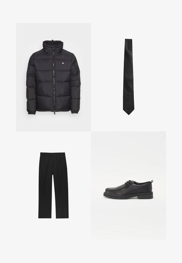 Černá péřová bunda s vysokým límcem, předním zipem a elastickými manžetami. Obsahuje prošívané panely a malé logo na levé horní části hrudi.; Bílá košile na knoflíky s klasickým límcem, dlouhými rukávy a hladkou texturou. Noste ji s tmavě zelenými kalhotami, s rukama v kapsách.; Černé kalhoty s rovnými nohavicemi, vyrobené z hladké tkaniny. Mají přední záhyby a jedno knoflíkové zapínání v pase.; Černé kožené boty se zaoblenou špičkou, texturovaným švem, nízkým profilem a gumovou podrážkou s hlubokými drážkami pro lepší přilnavost.; Černá kravata s texturovaným povrchem, úzkým tvarem a špičatým koncem. Látka vypadá hladce s jemným vzorem.