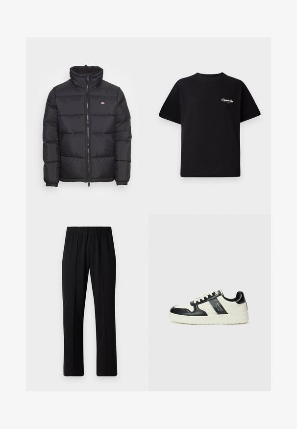 Svart pufferjakke med høy krage, frontglidelås og elastiske mansjetter. Har sydd paneler og en liten logo på øvre venstre bryst.; Svart bomull t-skjorte med rund hals, korte ermer og liten hvit logo-tekst på venstre bryst. Enkel design, klassisk passform.; Svart, elastisk midjebukser med rett ben-design, med en glatt tekstur og uten synlige mønstre eller maskinvare.; Lædersneakers med sort og creme farveskema, der har perforerede detaljer, en polstret krave og en struktureret ydersål.