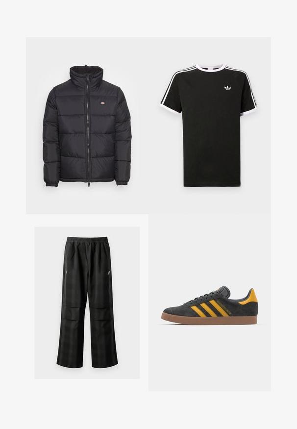 Svart pufferjakke med høy krage, frontglidelås og elastiske mansjetter. Har sydd paneler og en liten logo på øvre venstre bryst.; Svart t-skjorte laget av bomull med hvite detaljer. Har korte ermer, raglan-design og en liten logo på brystet. Tre hvite striper på skuldrene.; Svarte rutete bukser med elastisk midje, to frontlommer og løs passform med rett ben-design. Laget av lett materiale.; Sort skinnesko i svart semsket skinn med gule detaljer, med tre striper og en brun gummisåle. Inkluderer en polstret tunge for komfort.