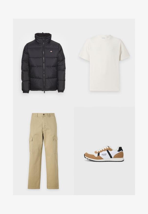 Casaco puffer preto com colarinho alto, fecho de correr frontal e punhos elásticos. Apresenta painéis cosidos e um pequeno logotipo no lado esquerdo do peito.; T-shirt branco de manga curta em textura canelada. Gola redonda, ajuste descontraído, sem padrões ou detalhes visíveis. Design simples e versátil.; Calças cargo bege feitas de algodão, com dois bolsos laterais, fecho de botão e pernas retas com um tecido ligeiramente texturizado.; Sapatilha de estilo retro com parte superior em suede branco e bege, detalhes em preto, atacadores brancos e logo "Jack & Jones EST. 1990" na lateral.