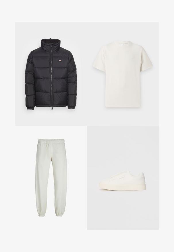 Svart puffjacka med hög krage, frontdragkedja och elastiska manchetter. Har sydda paneler och en liten logotyp på övre vänstra bröstet.; Vit t-shirt med kort ärm i ribbad struktur. Rund halsringning, löst sittande passform, inga synliga mönster eller detaljer. Enkelt och mångsidigt design.; Vita sweatpants gjorda av mjukt tyg, med elastisk midja och muddar, samt en slät textur och lös passform.; Vita slip-on sneakers med en texturerad yta, en tjock sula och minimalistisk design. Har varumärkeslogotypen på sidan.