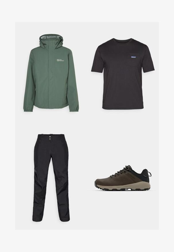 Green waterproof jacket with a high collar, adjustable hood, and elastic cuffs. Features logo on the left chest and a front zip closure.; Black short-sleeve t-shirt made of cotton, featuring a chest pocket with a blue Patagonia logo on the left side.; Black waterproof pants with a smooth texture, featuring two front buttons and a tapered leg design. Accented with a logo on the side.; Brown waterproof sneakers with a textured upper, perforated accents, black heel support, and a grey rubber sole. Laces are styled with metallic ends.