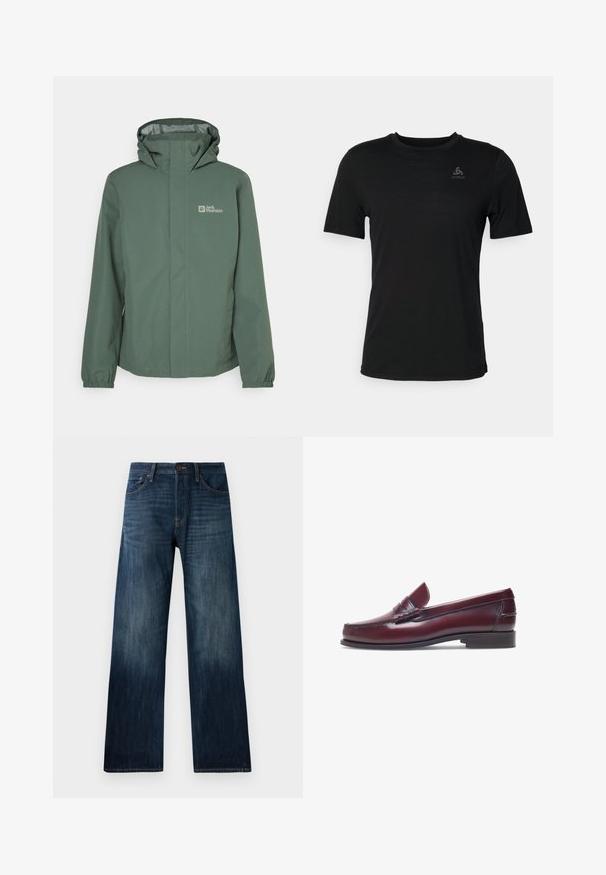 Giacca impermeabile verde con colletto alto, cappuccio regolabile e polsini elasticizzati. Presenta il logo sul lato sinistro del petto e una chiusura frontale con zip.; T-shirt nera realizzata in tessuto leggero, con scollatura rotonda, maniche corte e un piccolo logo del brand sulla parte superiore sinistra.; Jeans in denim blu scuro con design a gamba dritta, caratterizzati da una texture leggera, passanti per cintura e un classico stile a cinque tasche.; Mocassino in pelle bordeaux con punta tonda, dettagli cuciti e un piccolo accentu decorativo sulla tomaia. Suola piatta in contrasto.