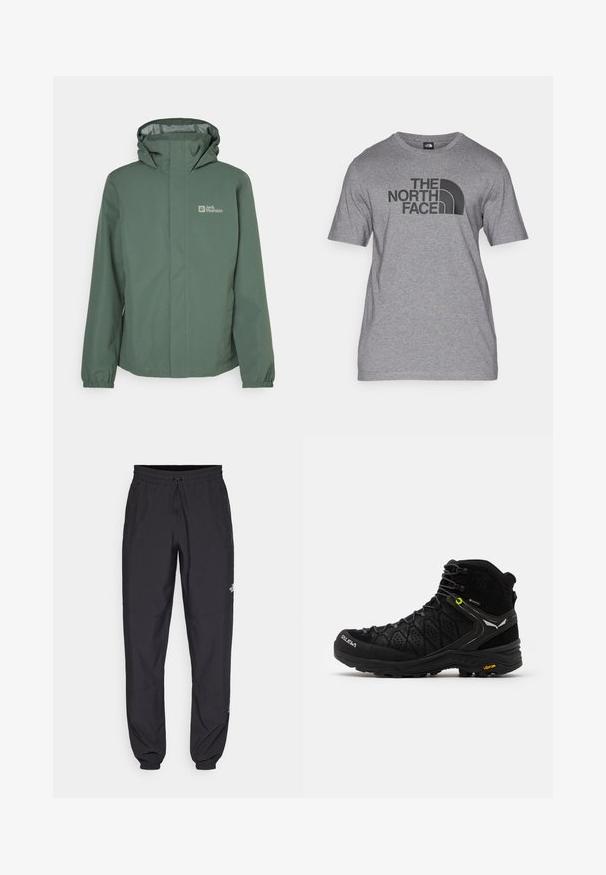 Green waterproof jacket with a high collar, adjustable hood, and elastic cuffs. Features logo on the left chest and a front zip closure.; Gray short-sleeve t-shirt made of cotton blend, featuring a black graphic print of "THE NORTH FACE" and a curved logo detail on the front.; Black athletic pants made from lightweight fabric, featuring a drawstring waistband, side pockets, and tapered cuffs at the ankles.; Black hiking boot featuring a textured upper, reinforced toe, and Vibram sole. Lacing system includes hooks for secure fit.