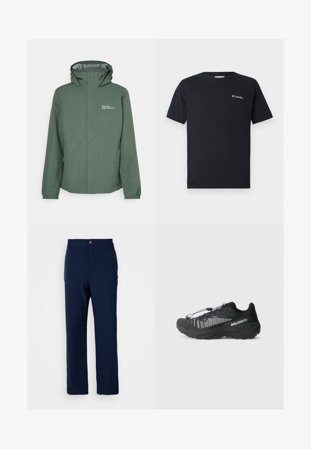 Žalias vandeniui atsparus švarkas su aukštu apykakle, reguliuojamu kapišonu ir elastingais rankogaliais. Dešinėje krūtinėje yra logotipas, o priekyje yra užtrauktukas.; Juodas trumpas rankovės marškinėliai iš medvilnės, su mažu baltu Columbia logotipu kairėje priekyje. Klasikinis apvalus iškirpimas ir laisvas kirpimas.; Tamsiai mėlynos tiesios kojos kelnės su mygtuku ir užtrauktuku, diržo kilpomis ir nematomis kišenėmis ant baltos fono.; Juodas trail bėgimo batelis su tekstūruotu tinklo viršumi, atspindinčiomis detalėmis, paminkštintu padu ir elastine raištelių sistema. Logotipas šone.